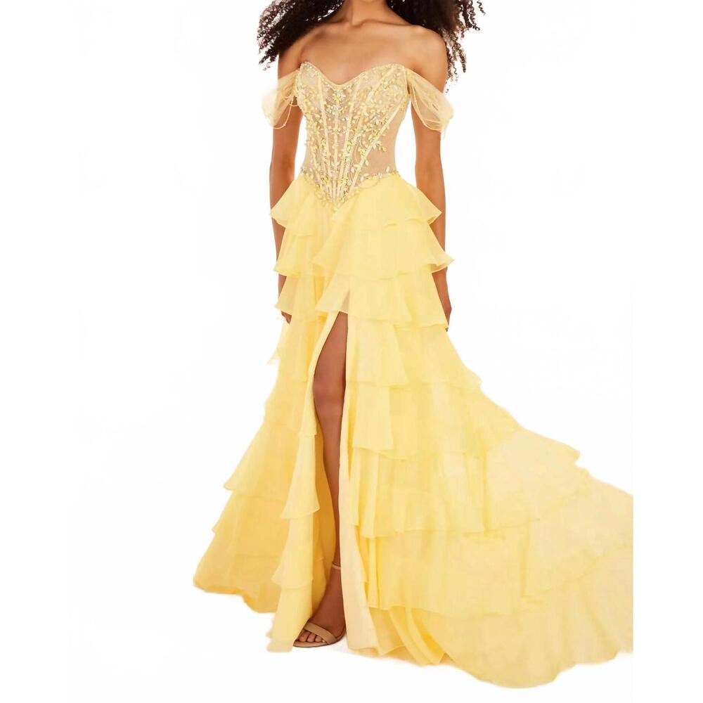 NEW ELLIE WILDE tiered ruffle chiffon gown in canary yellow